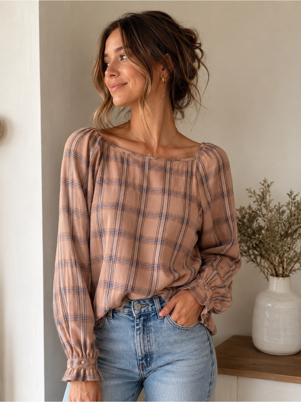 RW&CO. Womens Plaid Boat Neck Long Sleeve Peasant Blouse